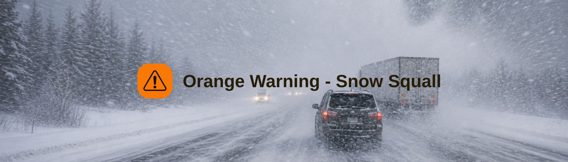 A powerful snow squall engulfs a highway as heavy snowfall and strong winds reduce visibility to near zero, creating dangerous travel conditions associated with an Orange Snow Squall Warning.