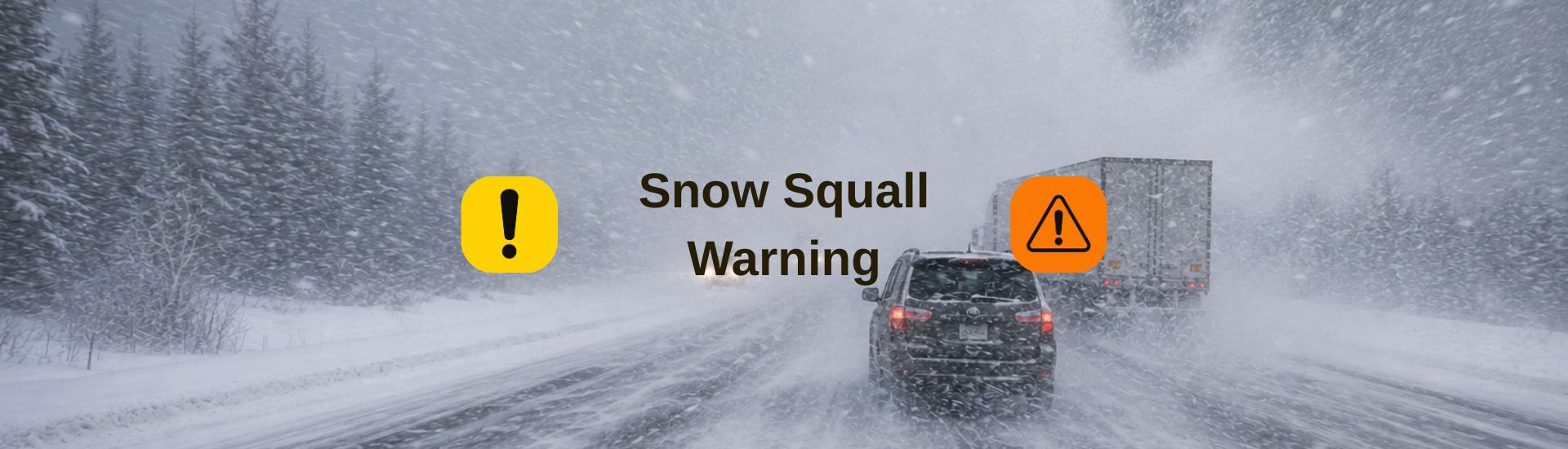 Transport trucks and passenger vehicles travel through an intense snow squall as blowing snow and near-whiteout conditions create hazardous winter driving on a Canadian highway.