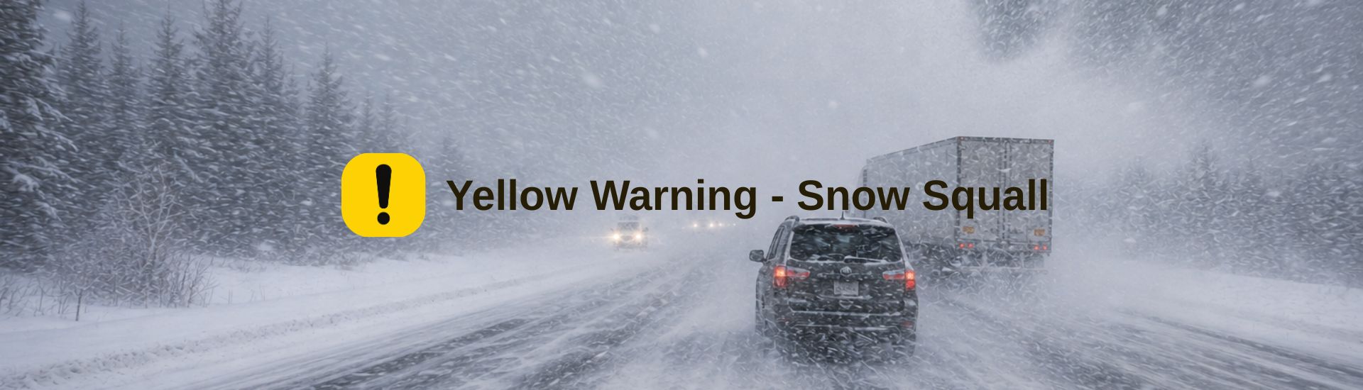 Vehicles drive through a developing snow squall with moderate blowing snow and reduced visibility, illustrating conditions that may prompt a Yellow Snow Squall Warning.