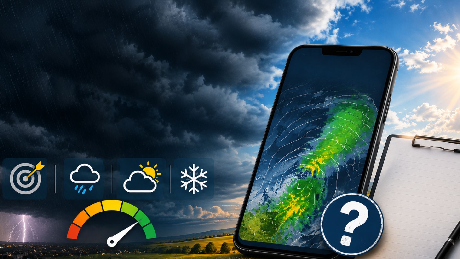 Weather forecast accuracy illustration showing changing weather conditions, radar data, and an accuracy gauge.