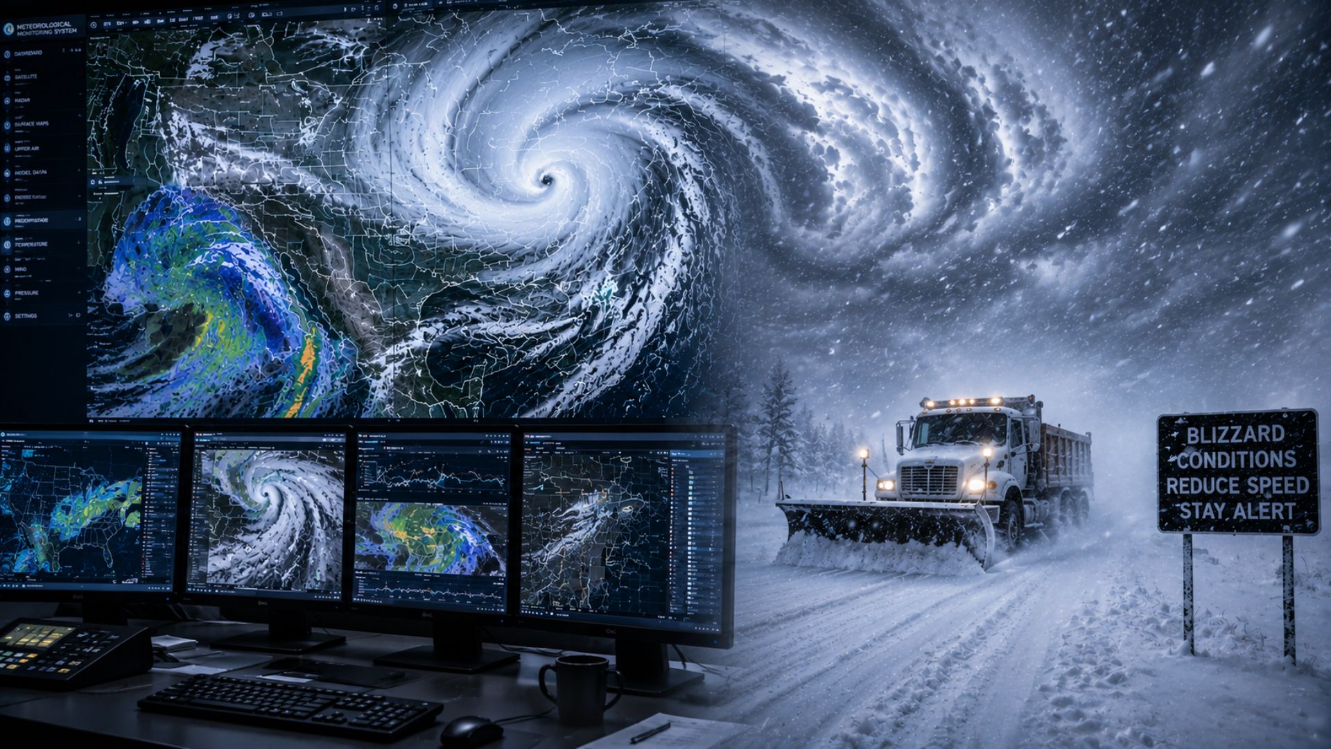 In this image, weather radar and forecast models show a powerful winter storm while a snowplow travels through heavy snow and blizzard conditions.