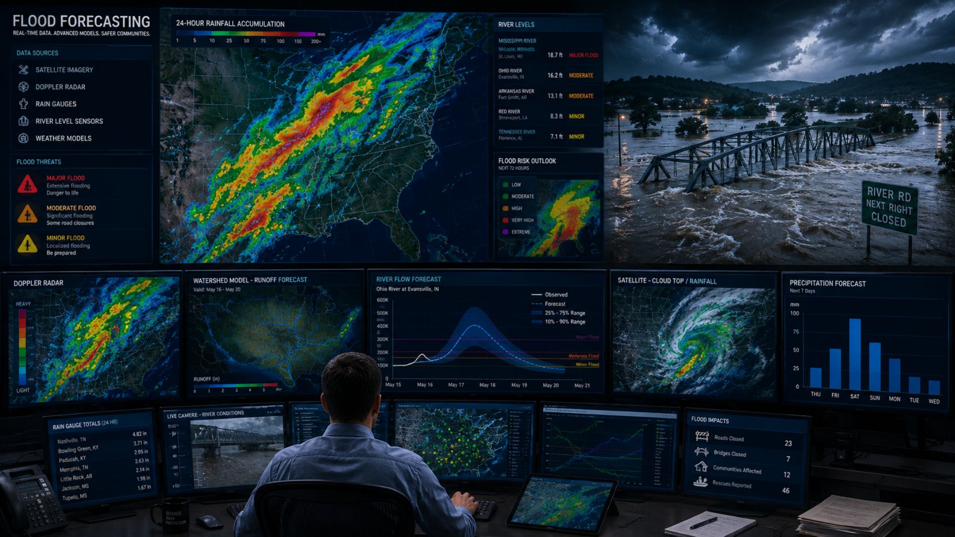 In this image, a meteorologist monitors rainfall radar, river levels, runoff models, and flood forecasts as rising water floods a nearby community.