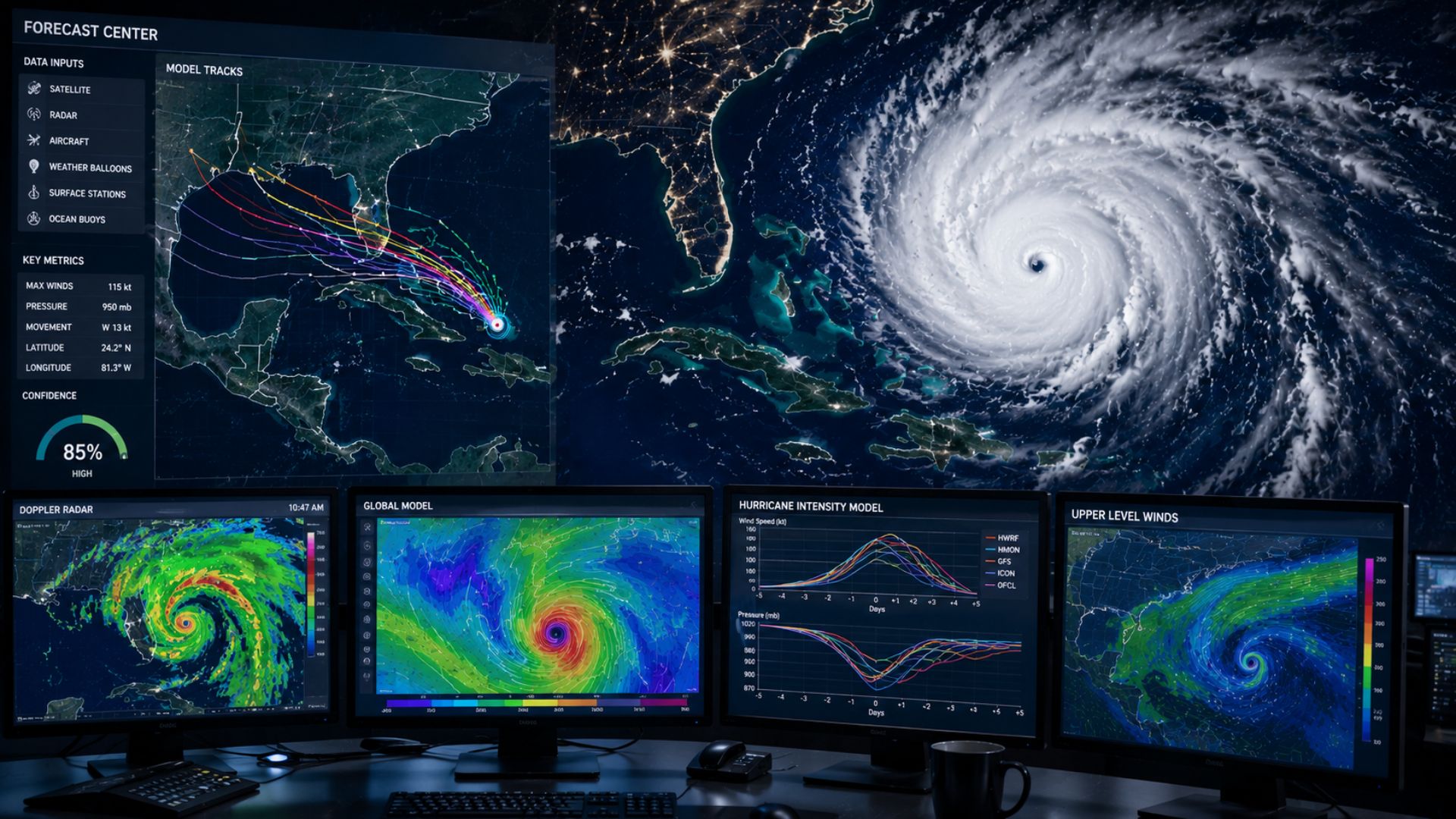 In this image, a weather forecasting station tracks a large hurricane using satellite imagery, radar, forecast models, storm tracks, wind data, and atmospheric observations.
