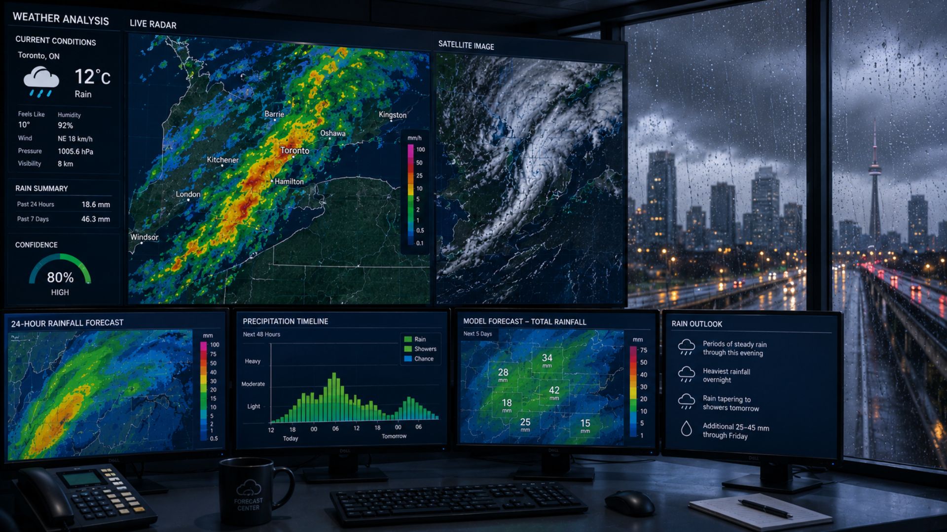 In this image, a weather forecasting station shows rain moving across Canada, with radar, satellite imagery, rainfall models, and precipitation data displayed on multiple screens.