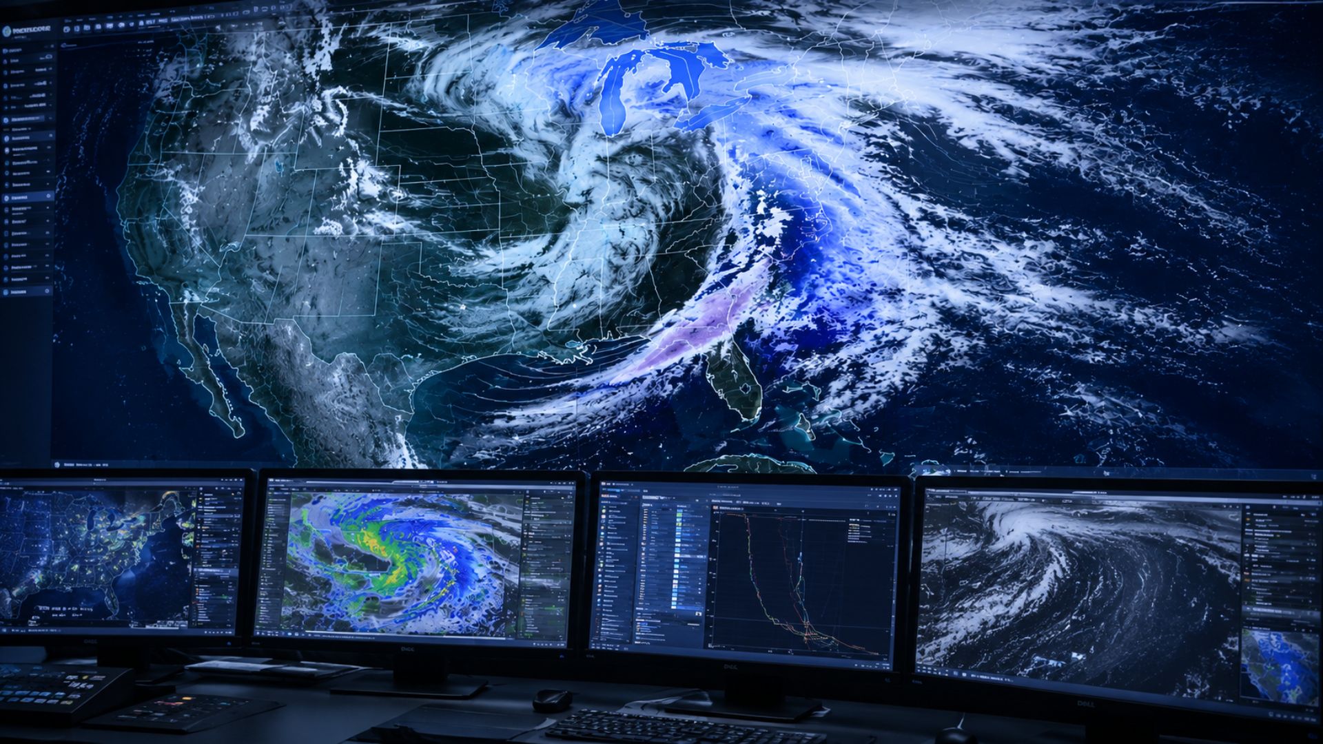 In this image, a weather forecasting station shows a large winter storm moving across North America, with computer screens displaying radar, satellite imagery, and weather forecast data.