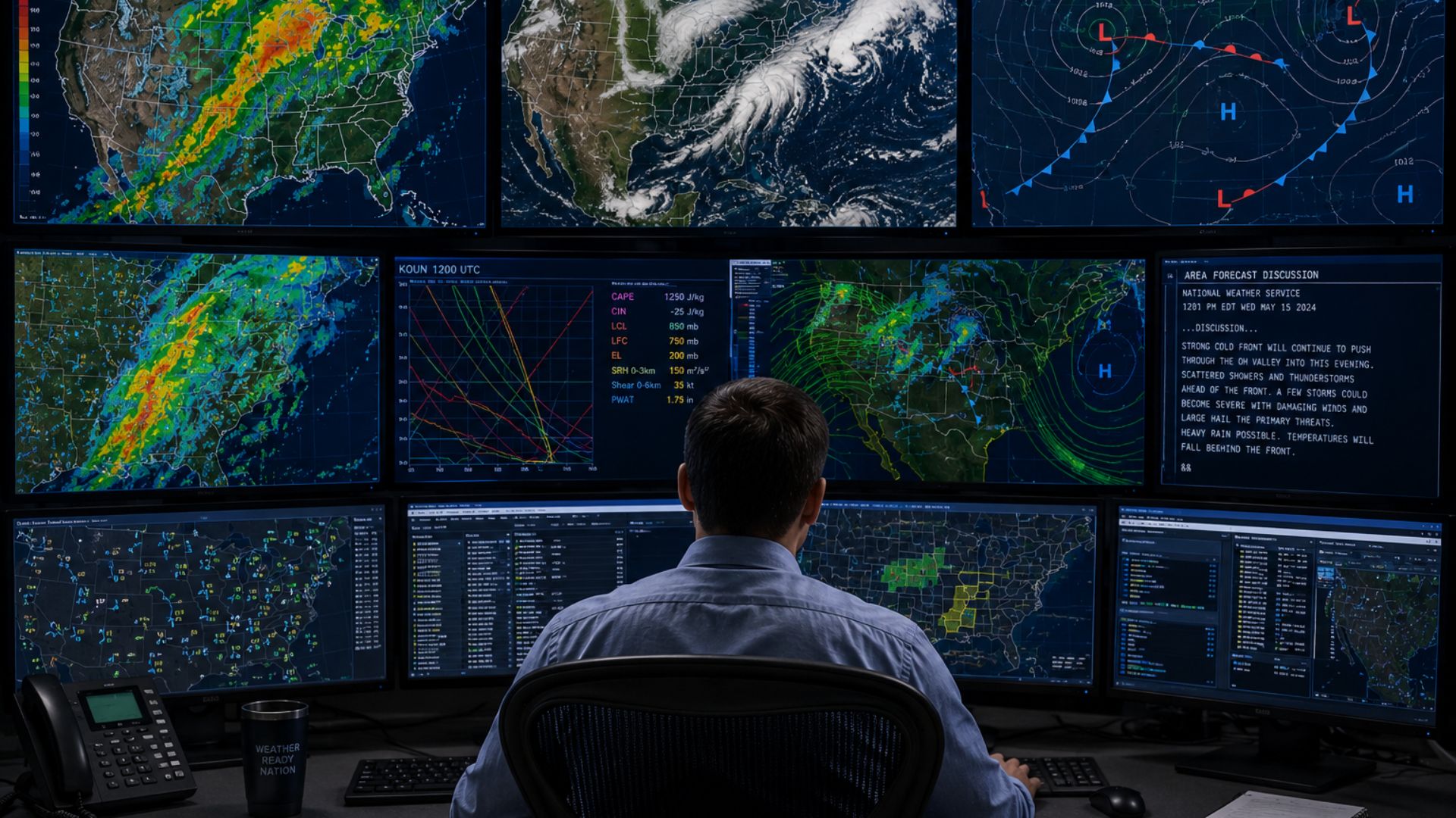 In this image, a meteorologist sits in front of multiple monitors displaying weather radar, satellite imagery, forecast models, atmospheric data, and weather maps.