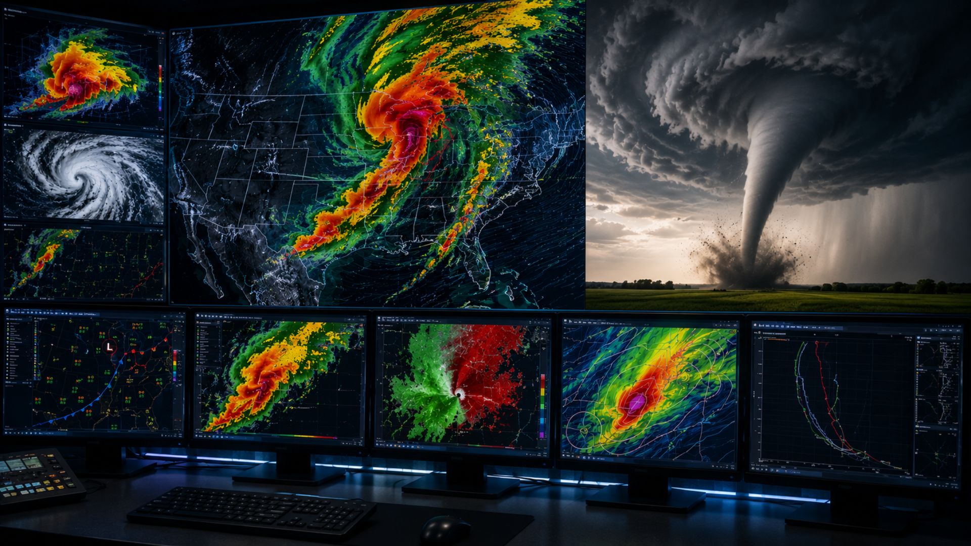 Weather radar and forecasting monitors displaying a severe thunderstorm and tornado as meteorologists track conditions that could produce tornadoes.