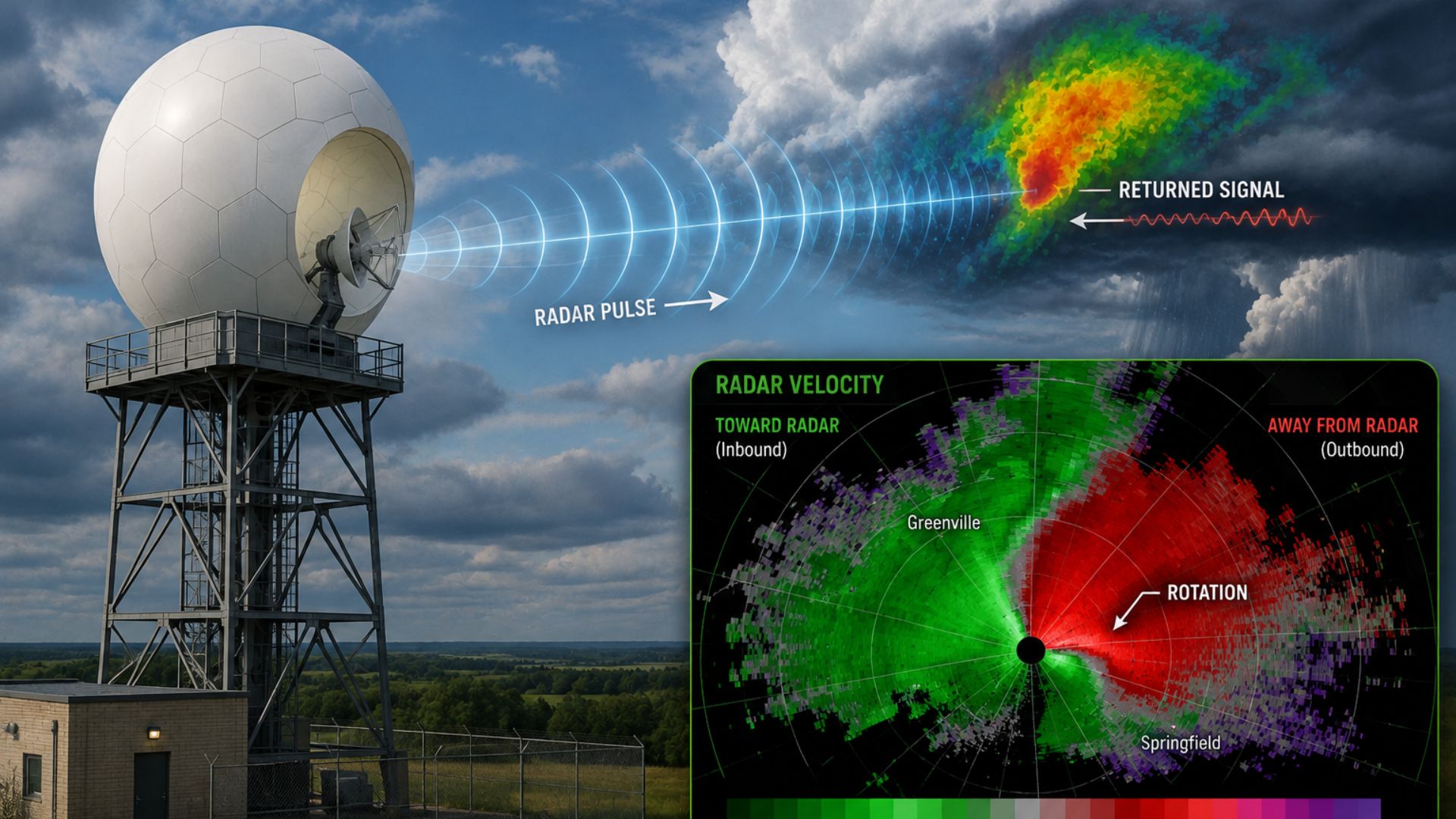 Doppler weather radar sending radio waves toward a thunderstorm with radar velocity data showing winds moving toward and away from the radar.