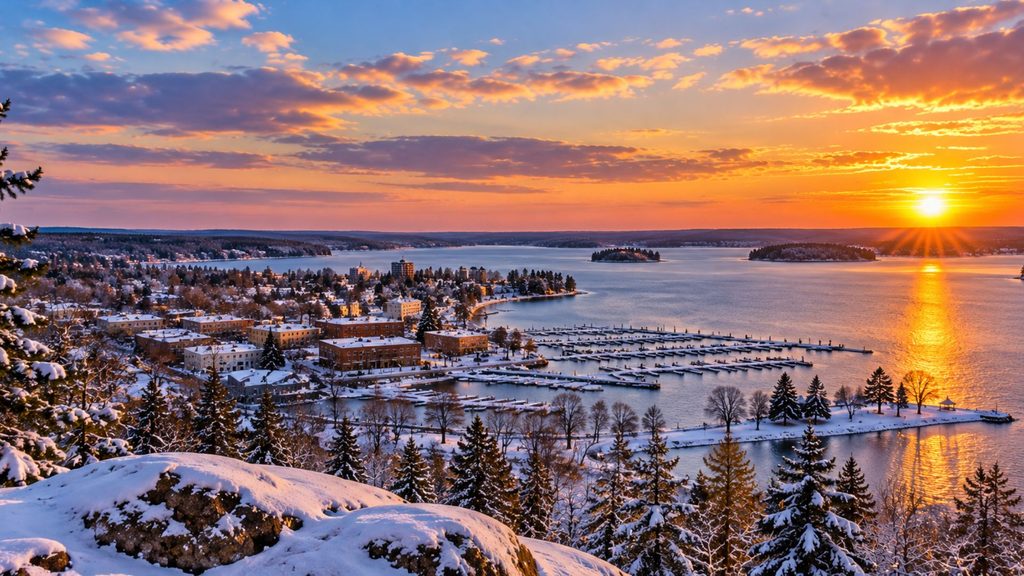 Winter landscape overlooking snow-covered Orillia, Ontario, and the surrounding waterfront.