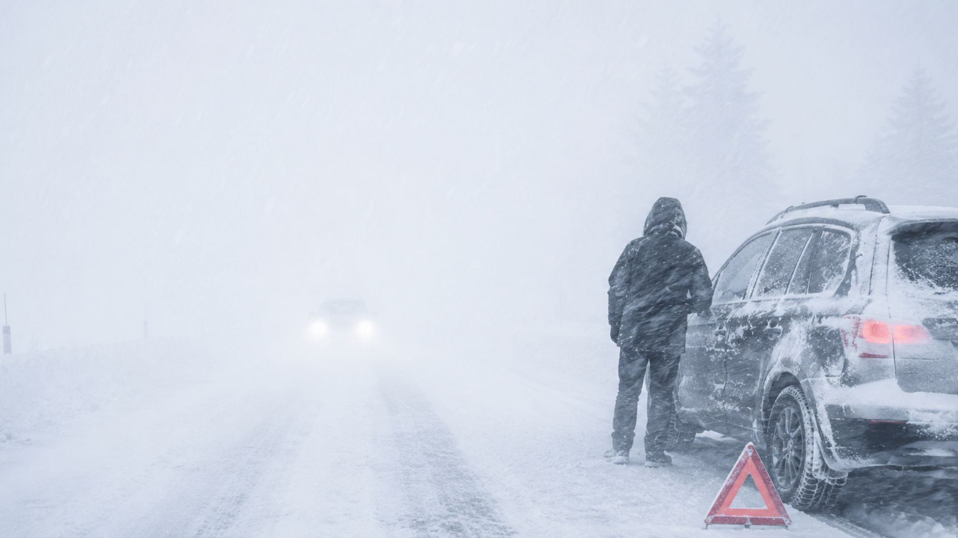 A driver stands beside a snow-covered vehicle on a highway during a severe whiteout with near-zero visibility.